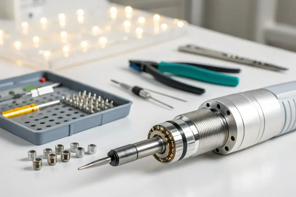 KaVo handpiece repair technician rebuilding a high-speed turbine handpiece