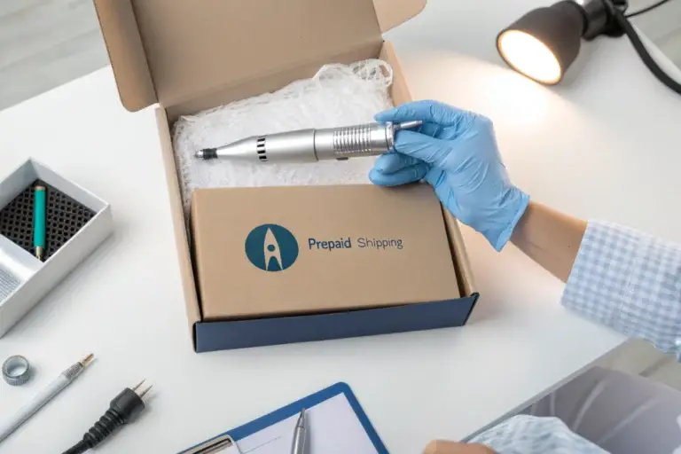 KaVo handpiece repair mail-in service - technician packaging a KaVo handpiece with prepaid shipping label