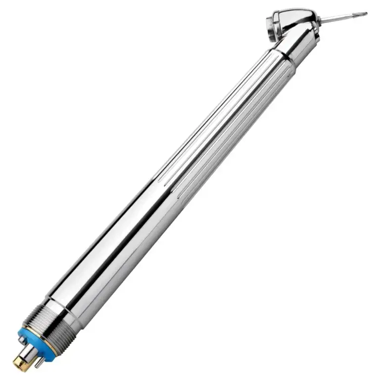 Impact Air 45 dental handpiece shown full length, with the 45 degree surgical head at one end and the four hole rear connection with blue O-ring seal at the other