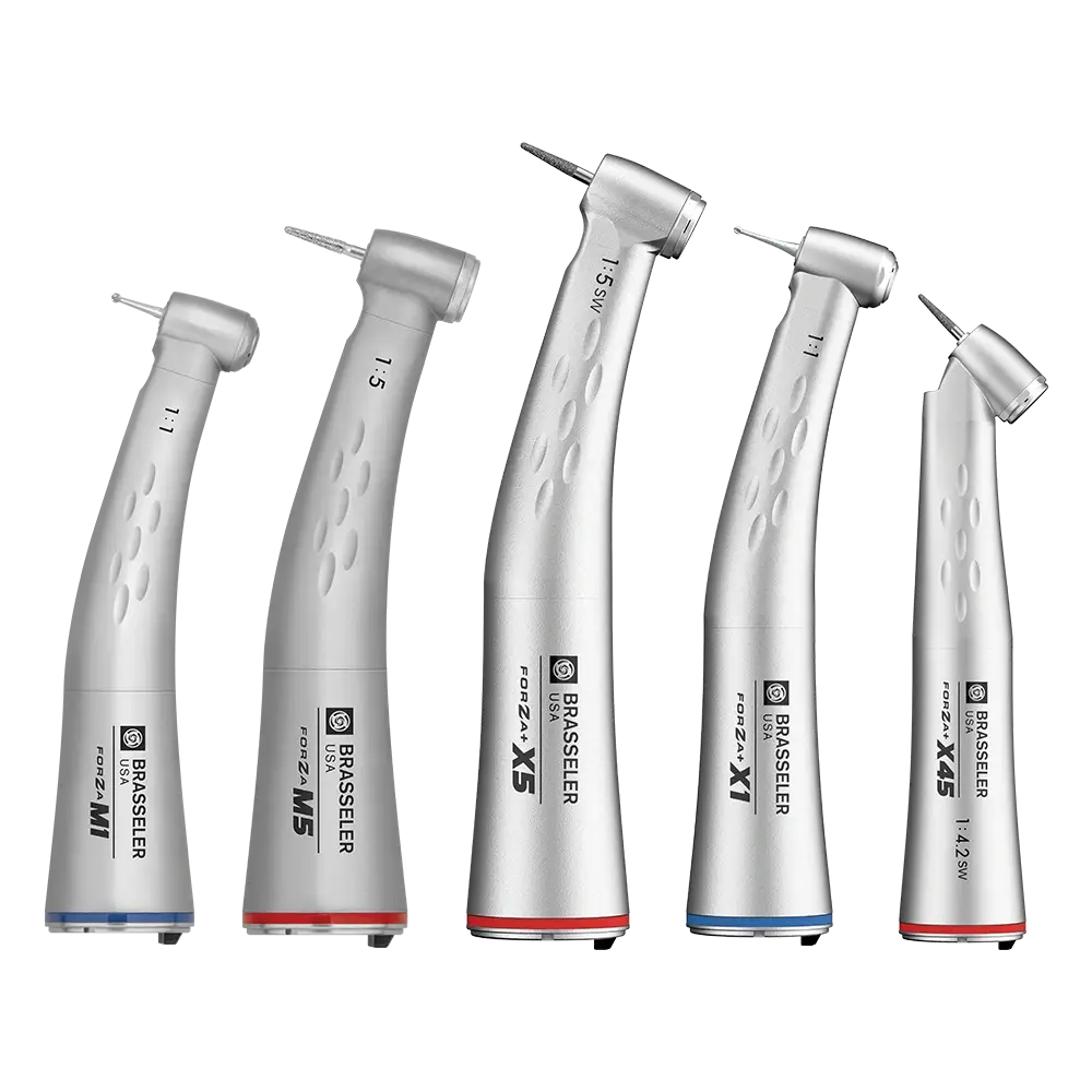 Five Brasseler USA Forza contra-angle handpieces side by side: Forza M1 (1:1), Forza M5 (1:5), Forza+ X5 (1:5), Forza+ X1 (1:1) and Forza+ X45 (1:4.2, 45-degree head) — the Brasseler electric attachments repaired at Essential Handpiece Repairs